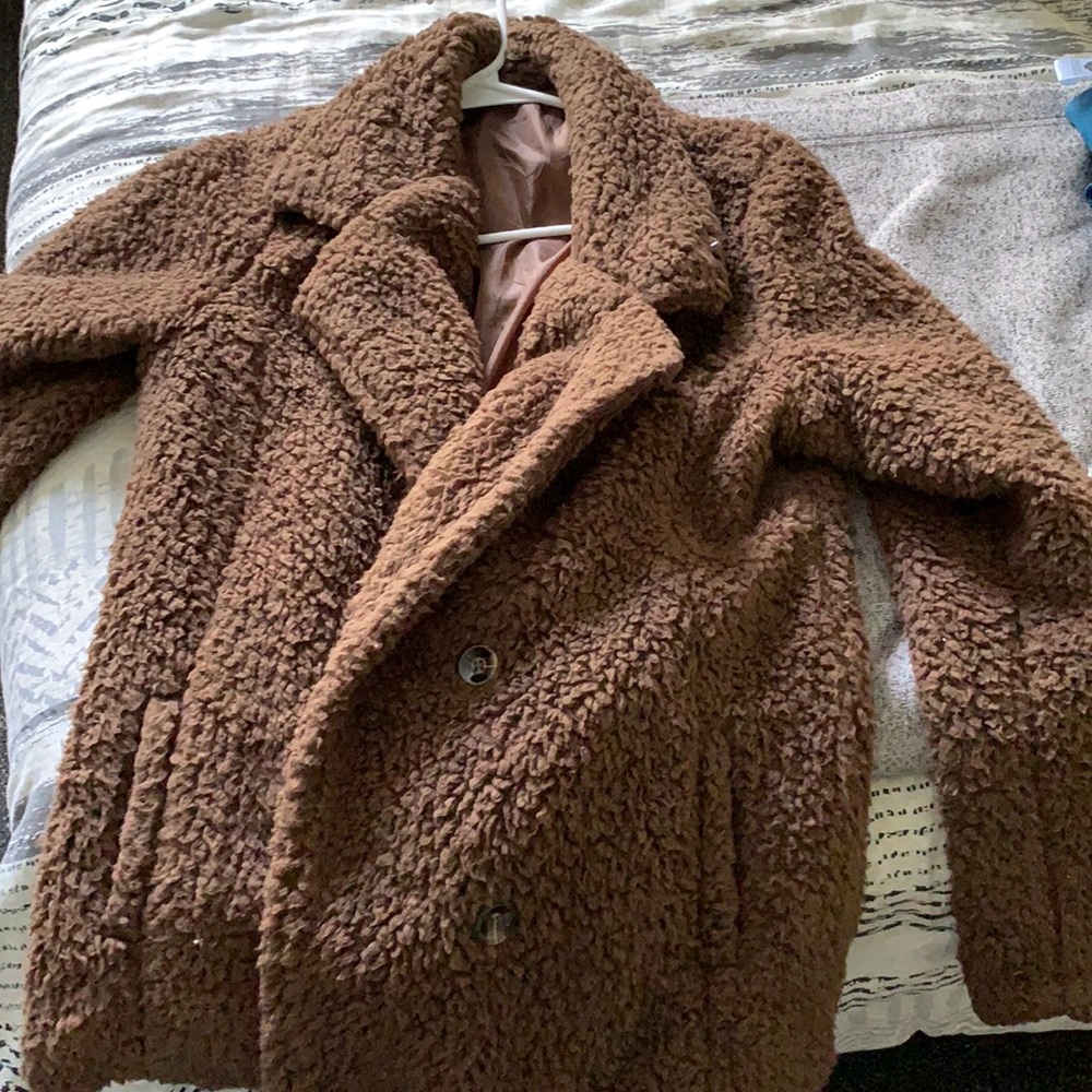Brown faux fur pea coat